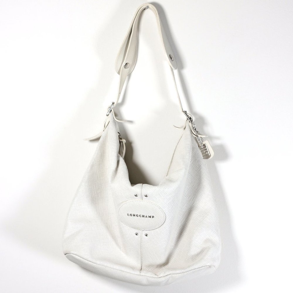 Authentic LONGCHAMP White Quadri Pebbled Leather Hobo Shoulder Bag